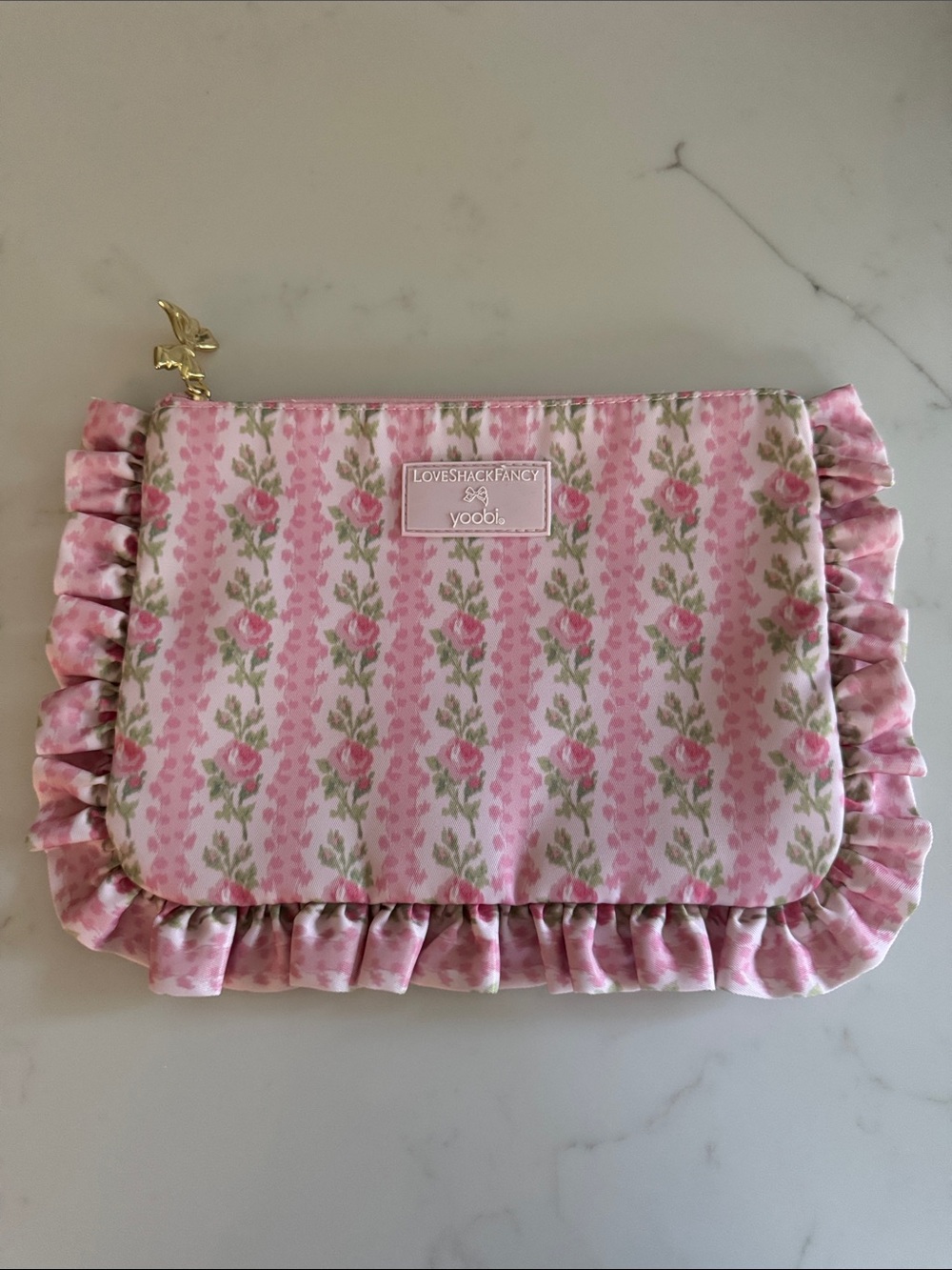 LoveShackFancy Pink Floral Ruffle Kids Pouch with Gold-tone Charm